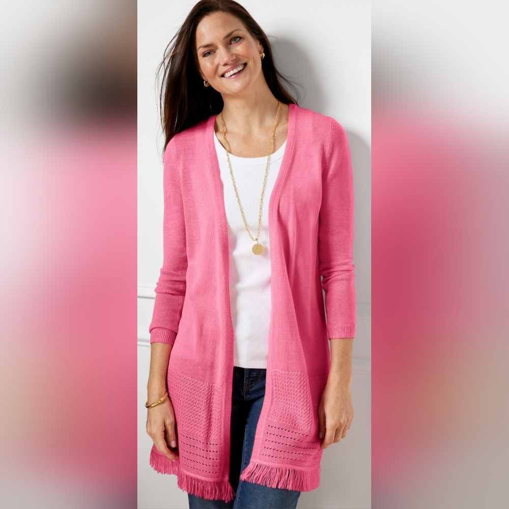 Boho Pink Open Front Fringe Cardigan Soft Girl Coastal Grandma Sweater Small